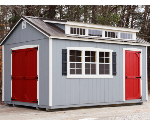 Grey-shed-with-red-doors